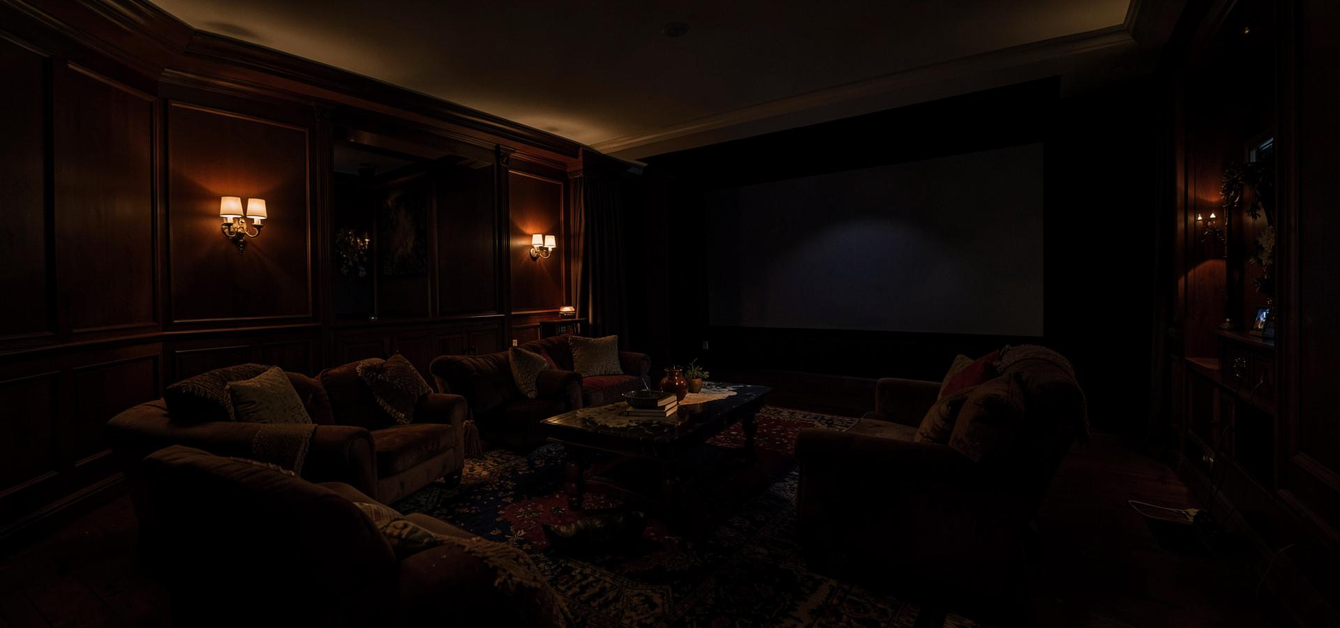 Elegant basement theater lounge at night