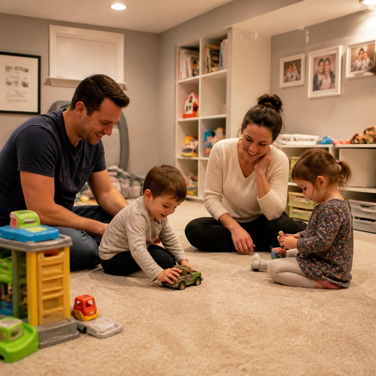 Family playing together in a finished basement playroom