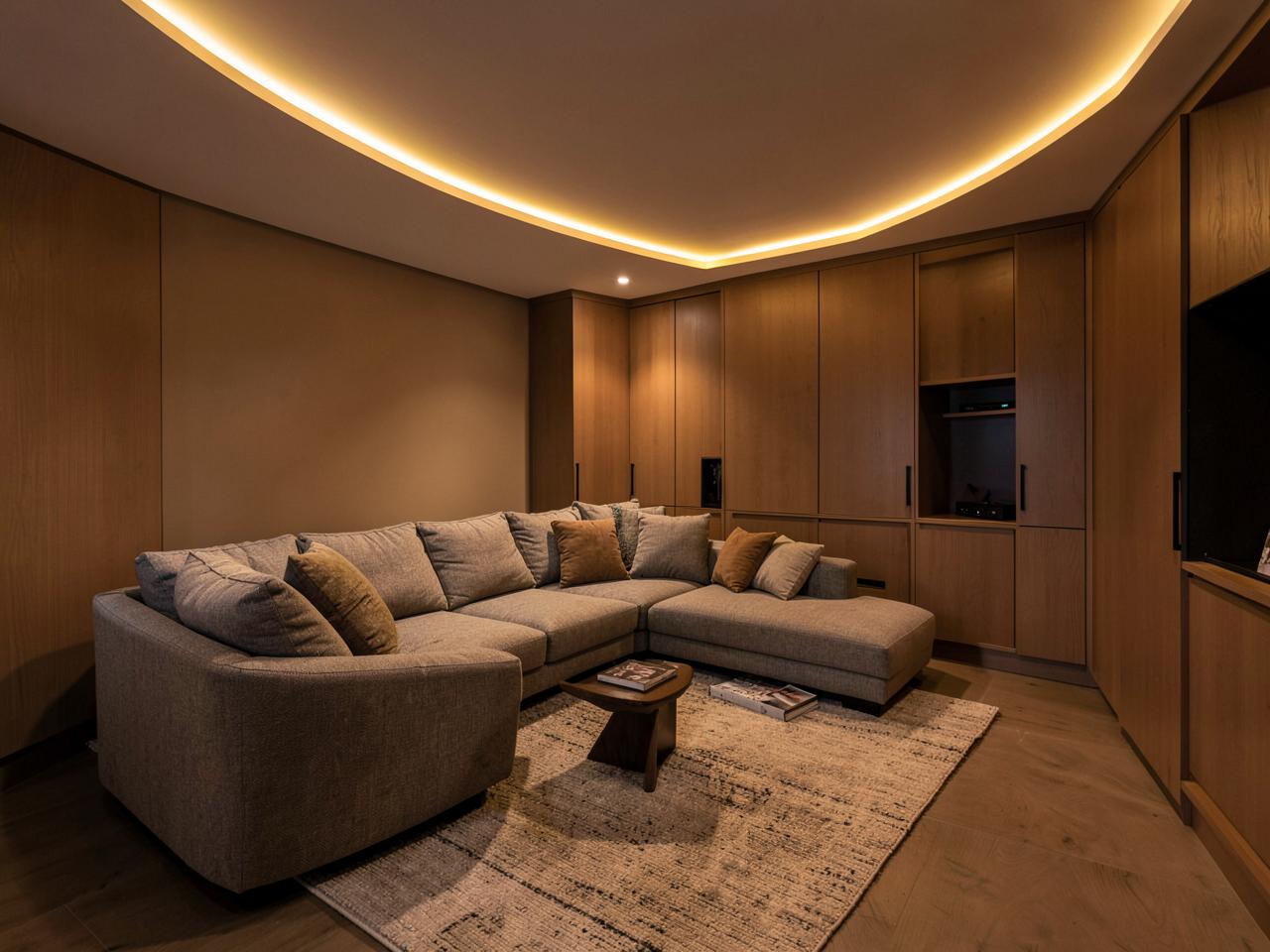 Modern finished basement lounge with cove lighting