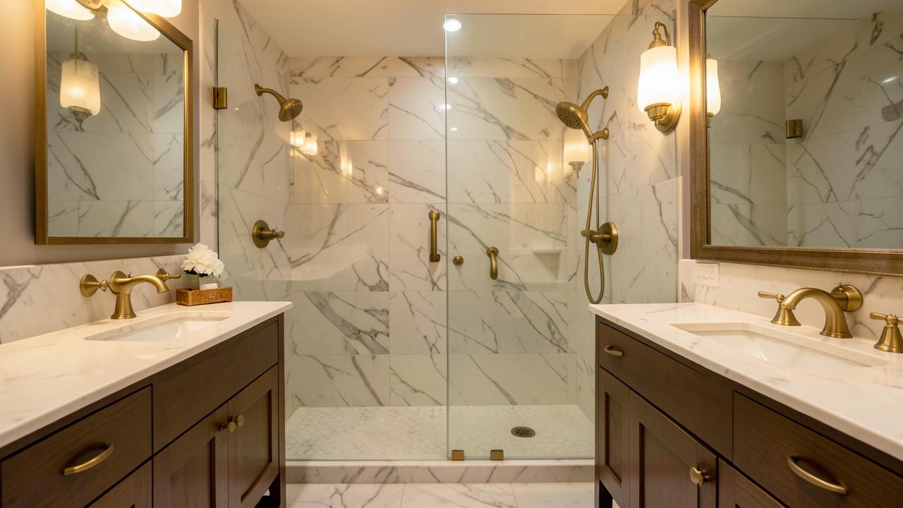 Luxury basement bathroom with marble tile and brass fixtures