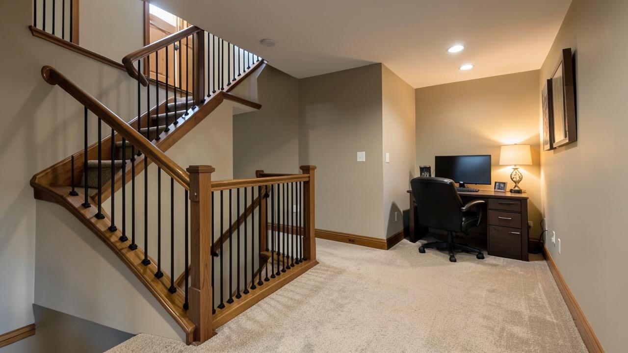 Custom basement space with stair railing and home office nook