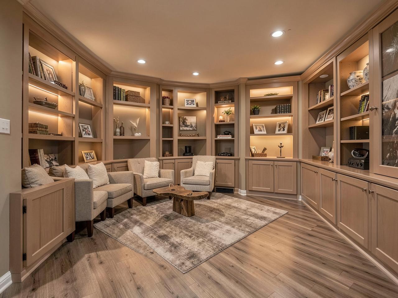 Remodeled basement family room with built-in shelving