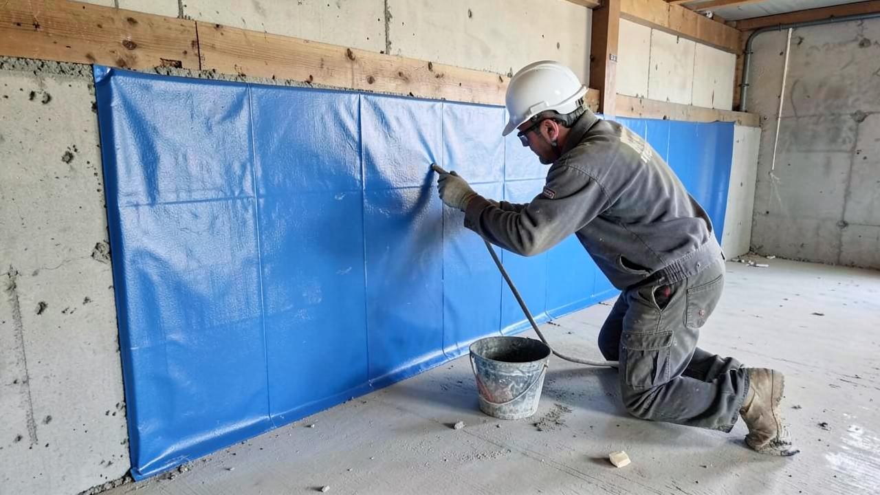 Contractor applying waterproofing membrane to a basement wall